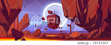 Space, alien planet landscape with rocks and lava 79735307