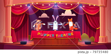 Puppet show on theater stage with animal dolls 79735480