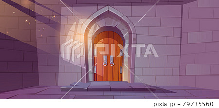 Medieval dungeon or castle interior with arch door 79735560
