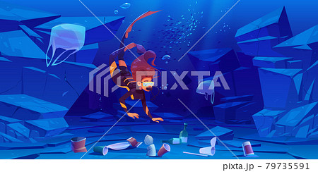 Diver girl in ocean with plastic garbage on bottom 79735591