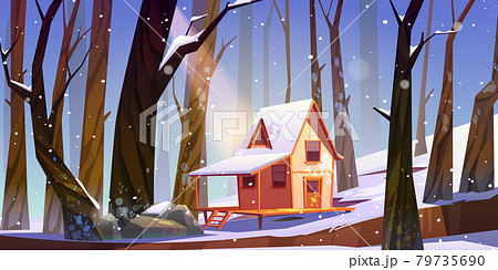 Wooden stilt house in winter forest, shack in snow 79735690