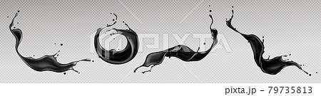Black liquid splashes, swirl and waves with drops 79735813