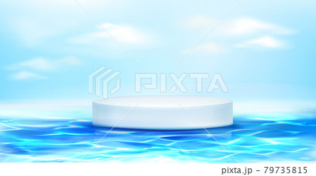 White round podium floating on blue water surface 79735815