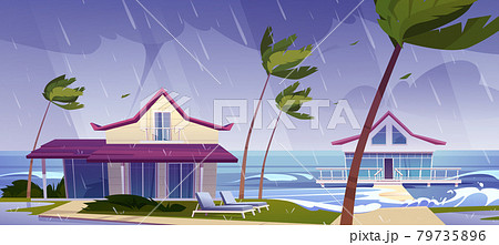 Sea storm and rain on beach with bungalows Sea storm and rain on beach with bungalows 79735896
