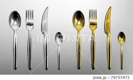 3d cutlery golden and silver fork, knife and spoon 79735972