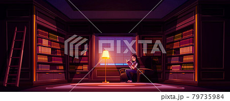Girl reads book in old luxury library at night 79735984
