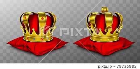 Gold royal crown for king and queen on red pillow Gold royal crown for king and queen on red pillow 79735985