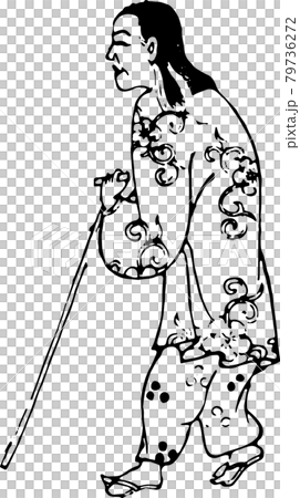杖をついて歩く作務衣の男性のイラスト素材
