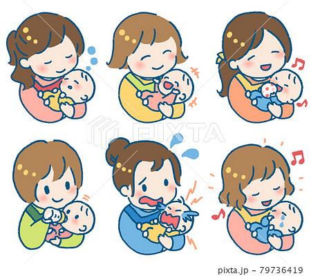 赤ちゃんを抱くエプロンを着た若い女性のイラストセット 79736419