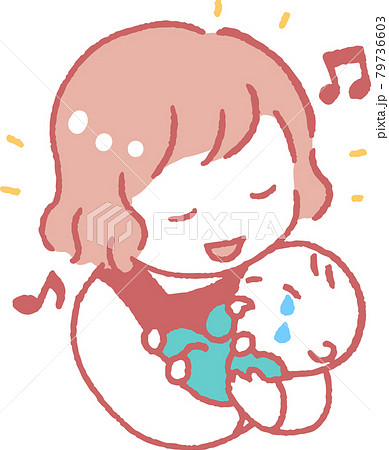 泣く赤ちゃんを子守歌とだっこであやすエプロンを着た若い女性のイラスト 79736603