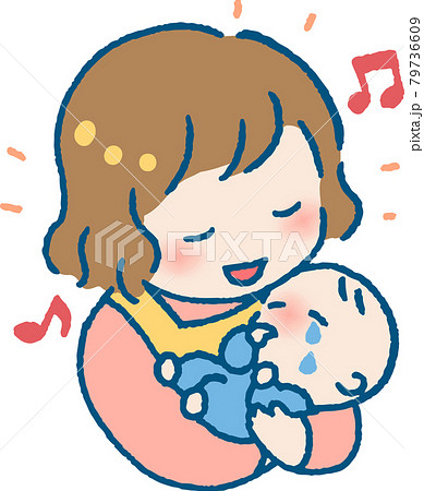 泣く赤ちゃんをあやすエプロンを着た若い女性のイラスト 79736609