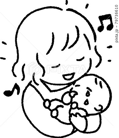泣く赤ちゃんをあやすエプロンを着た若い女性のイラスト 79736610