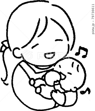 おもちゃで遊ぶ赤ちゃんを抱くエプロンを着た若い女性のイラスト 79736611