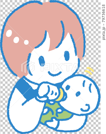 Illustration of a young woman in an apron hugging her baby and giving her milk 79736618