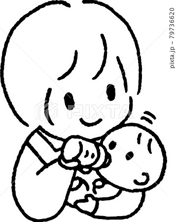 赤ちゃんを抱いてミルクを飲ませるエプロンを着た若い女性のイラスト 79736620