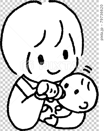 赤ちゃんを抱いてミルクを飲ませるエプロンを着た若い女性のイラスト 79736620