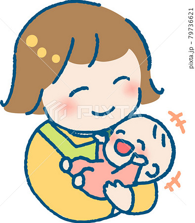 楽しそうに笑う赤ちゃんを抱くエプロンを着た若い女性のイラスト 79736621