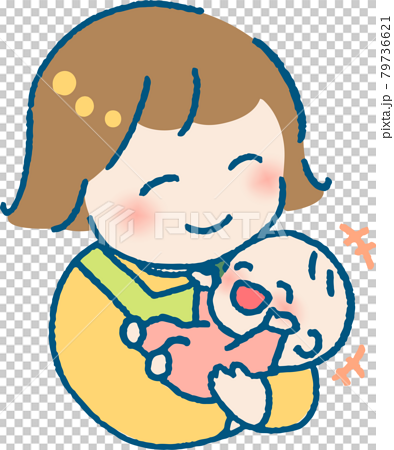 楽しそうに笑う赤ちゃんを抱くエプロンを着た若い女性のイラスト 79736621
