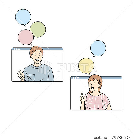 雑談をする男女、ビジネス、リモート会議、打ち合わせ、オンライン会議、男性、女性 79736638
