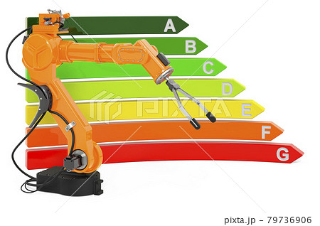 Robotic arm with energy efficiency chart, 3D rendering 79736906
