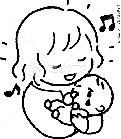 泣く赤ちゃんを子守歌とだっこであやす若い女性のイラスト 79736938