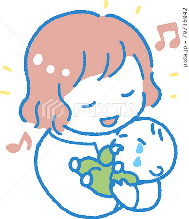 泣く赤ちゃんを子守歌とだっこであやす若い女性のイラストのイラスト素材