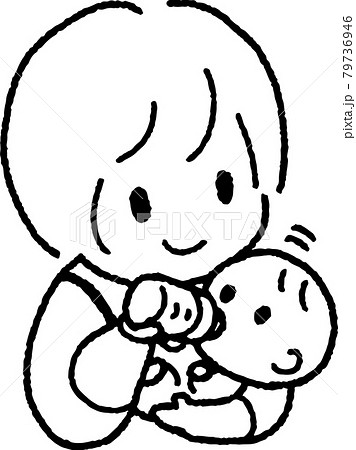 赤ちゃんを抱いてミルクを飲ませる若い女性のイラスト 79736946