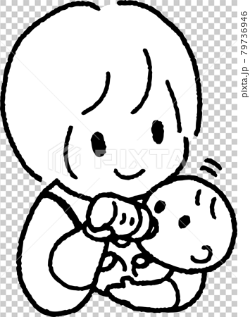 赤ちゃんを抱いてミルクを飲ませる若い女性のイラスト 79736946
