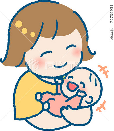 楽しそうに笑う赤ちゃんを抱く若い女性のイラスト 79736951