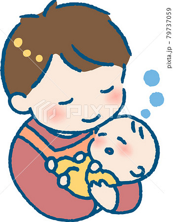 すやすやと眠る赤ちゃんを抱くエプロンを着た若い男性のイラストのイラスト素材