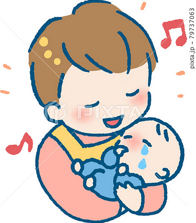 泣く赤ちゃんをあやすエプロンを着た若い男性のイラストのイラスト素材