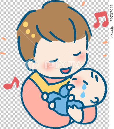 泣く赤ちゃんをあやすエプロンを着た若い男性のイラスト 泣く赤ちゃんをあやすエプロンを着た若い男性のイラスト 79737063