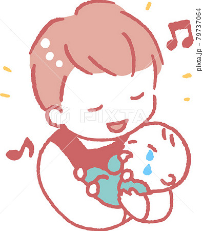 泣く赤ちゃんをあやすエプロンを着た若い男性のイラストのイラスト素材