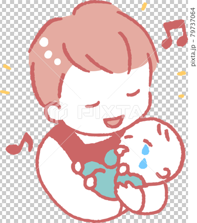 泣く赤ちゃんをあやすエプロンを着た若い男性のイラスト 79737064
