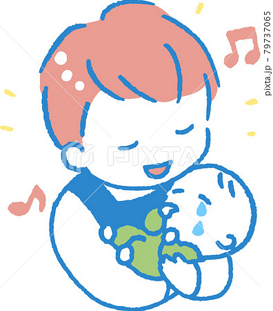泣く赤ちゃんをあやすエプロンを着た若い男性のイラストのイラスト素材