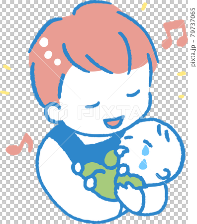 泣く赤ちゃんをあやすエプロンを着た若い男性のイラスト 79737065
