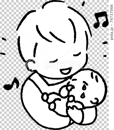 泣く赤ちゃんをあやすエプロンを着た若い男性のイラスト 79737066