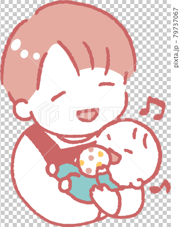 Illustration of a young man in an apron holding a baby playing with toys Illustration of a young man in an apron holding a baby playing with toys 79737067