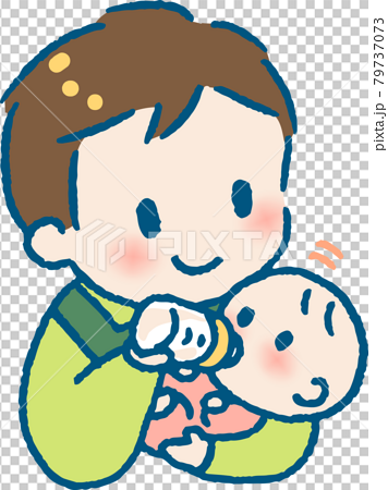 赤ちゃんを抱いてミルクを飲ませるエプロンを着た若い男性のイラスト 79737073