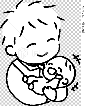 楽しそうに笑う赤ちゃんを抱くエプロンを着た若い男性のイラスト 79737079