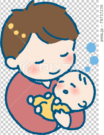 すやすやと眠る赤ちゃんを抱く若い男性のイラスト 79737230