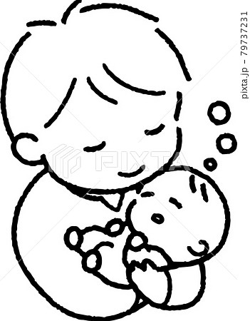 すやすやと眠る赤ちゃんを抱く若い男性のイラスト 79737231