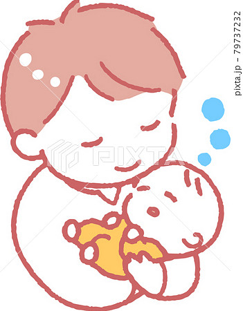 すやすやと眠る赤ちゃんを抱く若い男性のイラスト 79737232