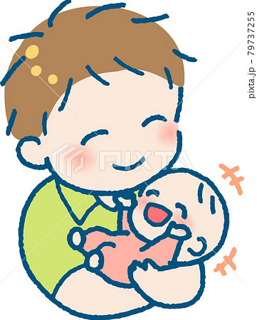 楽しそうに笑う赤ちゃんを抱く若い男性のイラスト 79737255