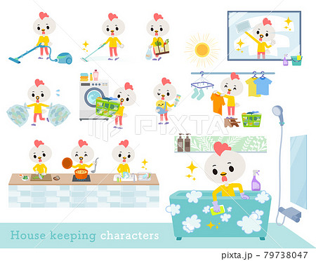 掃除や洗濯など家事に関するトリの男の子のセットのイラスト素材