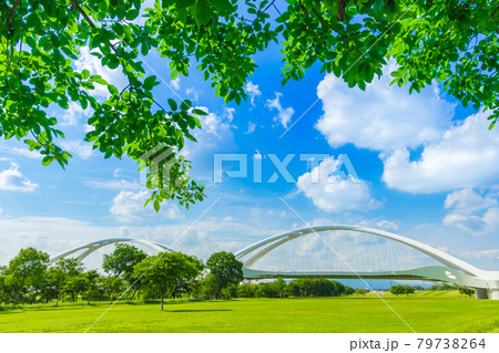 青空にアーチを描く、豊田大橋〈愛知県豊田市〉 79738264
