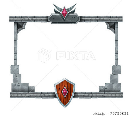 Stone game frame, user interface vector menu panel background, rock medieval border, wooden shield Stone game frame, user interface vector menu panel background, rock medieval border, wooden shield 79739331