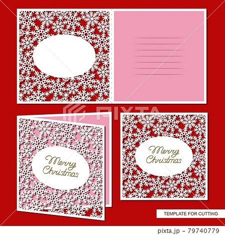 Christmas card with carved ornament. Background from snowflakes and text Merry Christmas. Template for congratulations, invitations to the winter party, New Year's holiday. Model for plotter laser cut Christmas card with carved ornament. Background from snowflakes and text Merry Christmas. Template for congratulations, invitations to the winter party, New Year's holiday. Model for plotter laser cut 79740779