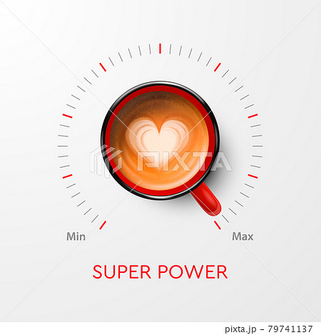 Coffee Super Power. Vector 3d Realistic Red Mug with Black Coffee and Volume Scale. Concept Banner with Coffee Cup. Design Template. Top View Coffee Super Power. Vector 3d Realistic Red Mug with Black Coffee and Volume Scale. Concept Banner with Coffee Cup. Design Template. Top View 79741137