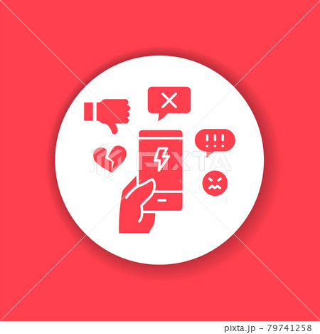 Cyberbullying victim hand holding smartphone black glyph icon. Abuse, internet, hate concept. Social media insult. Sign for web page, mobile app 79741258